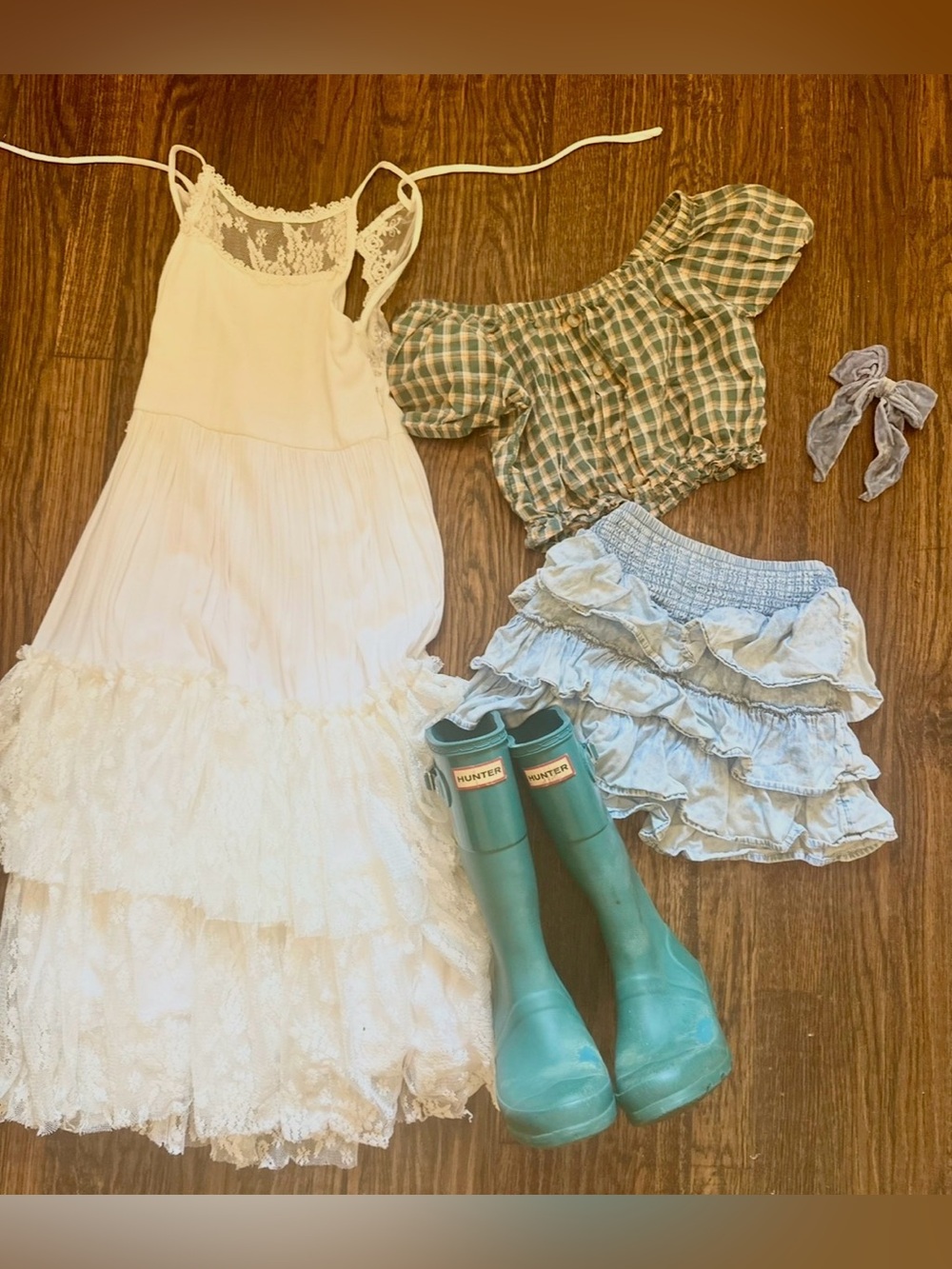 Girls Boho Fall Outfit Bundle Hunter Boots Lace Dress Skirt